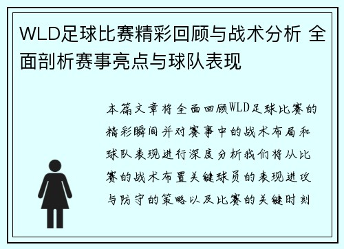 WLD足球比赛精彩回顾与战术分析 全面剖析赛事亮点与球队表现