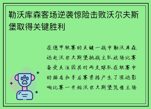 勒沃库森客场逆袭惊险击败沃尔夫斯堡取得关键胜利