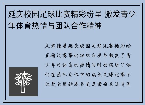 延庆校园足球比赛精彩纷呈 激发青少年体育热情与团队合作精神