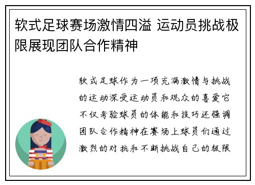 软式足球赛场激情四溢 运动员挑战极限展现团队合作精神