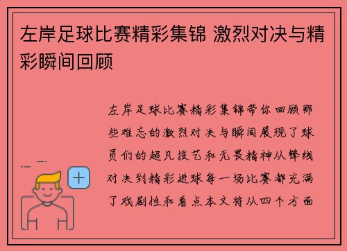 左岸足球比赛精彩集锦 激烈对决与精彩瞬间回顾