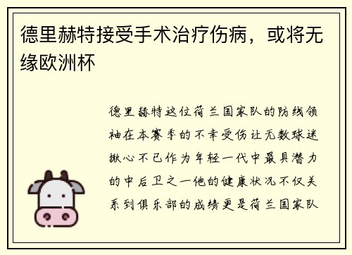 德里赫特接受手术治疗伤病，或将无缘欧洲杯