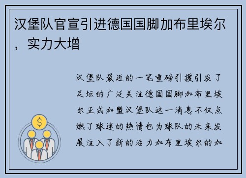 汉堡队官宣引进德国国脚加布里埃尔，实力大增