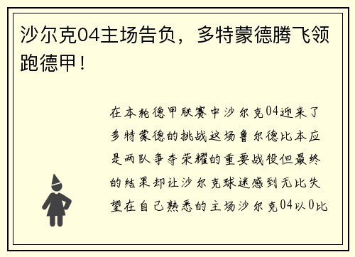 沙尔克04主场告负，多特蒙德腾飞领跑德甲！