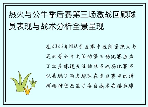 热火与公牛季后赛第三场激战回顾球员表现与战术分析全景呈现