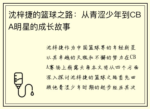 沈梓捷的篮球之路：从青涩少年到CBA明星的成长故事