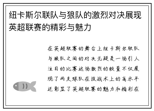 纽卡斯尔联队与狼队的激烈对决展现英超联赛的精彩与魅力