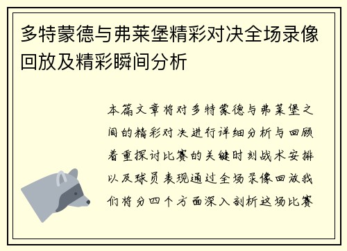 多特蒙德与弗莱堡精彩对决全场录像回放及精彩瞬间分析