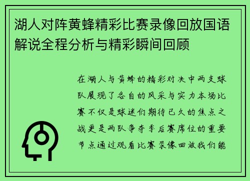 湖人对阵黄蜂精彩比赛录像回放国语解说全程分析与精彩瞬间回顾