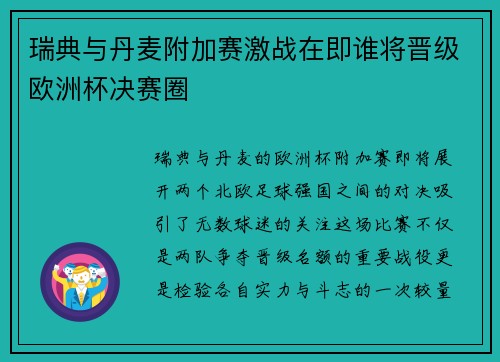 瑞典与丹麦附加赛激战在即谁将晋级欧洲杯决赛圈