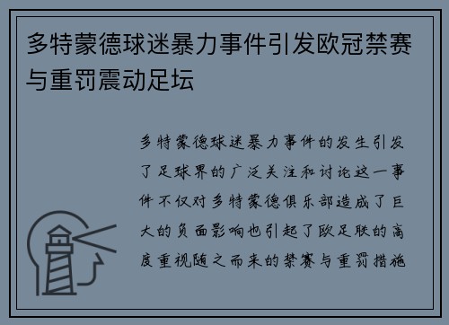 多特蒙德球迷暴力事件引发欧冠禁赛与重罚震动足坛