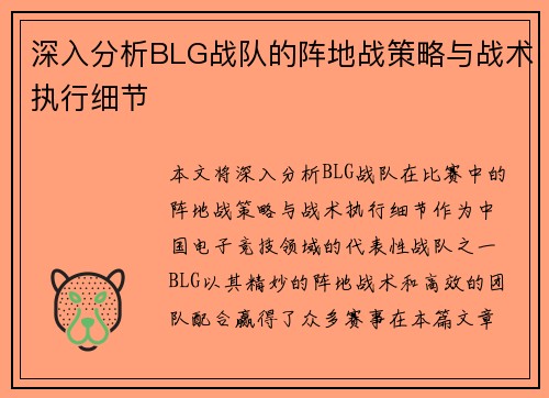深入分析BLG战队的阵地战策略与战术执行细节